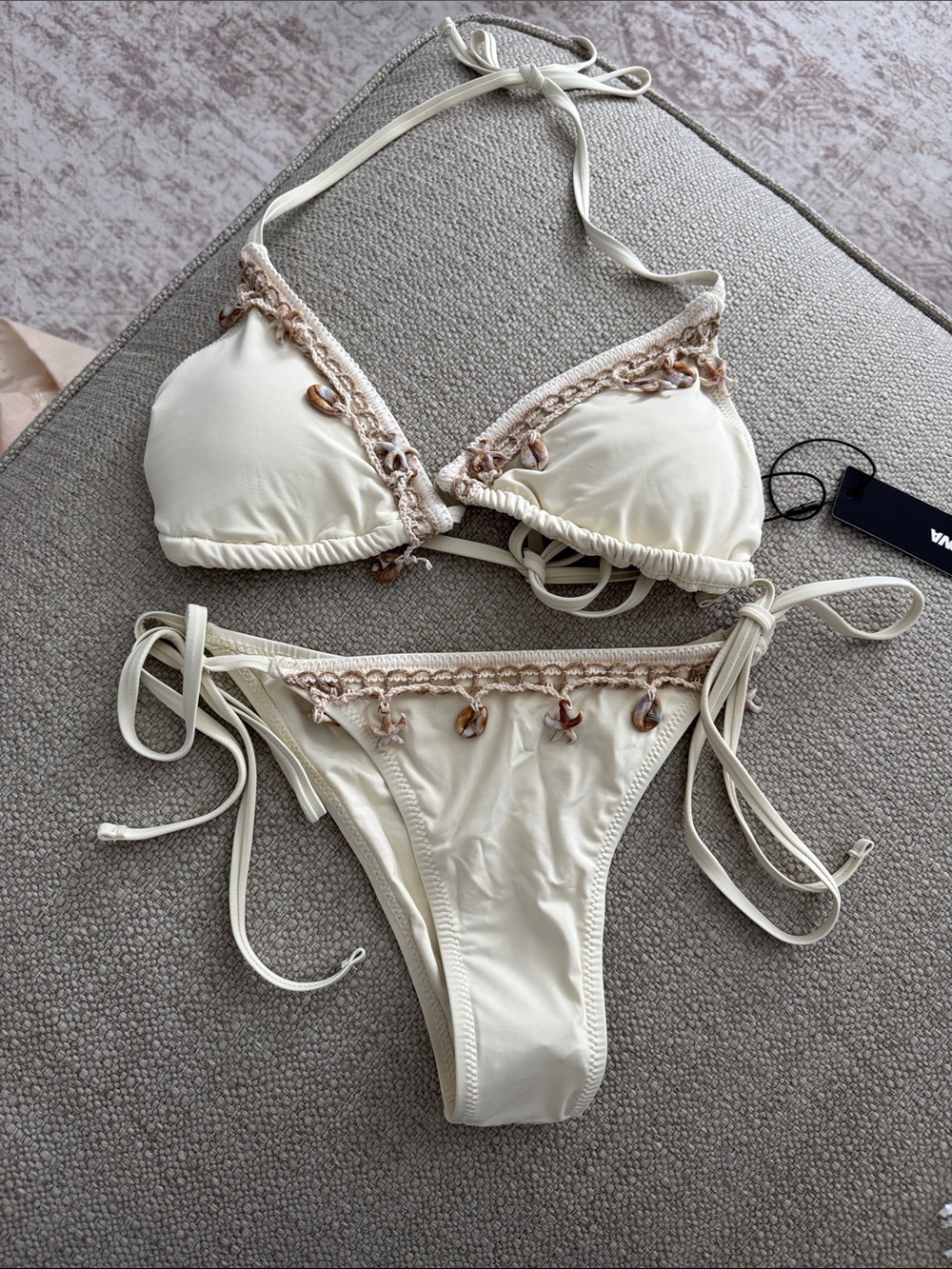 Fashion Nova Cream Crochet-Trim Shell Tie Bikini